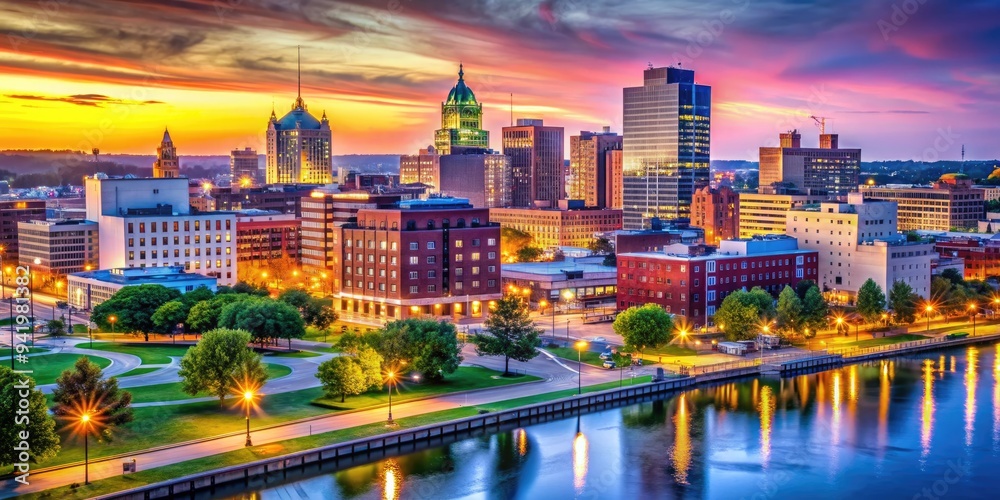 Obraz premium Vibrant Downtown Cityscape: Quad cities, towering skyscrapers, bustling streets, lively nightlife, bright hues, cityscape photography