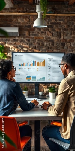 Collaborative Business Meeting in a Modern Office Environment with Data Analysis Focus