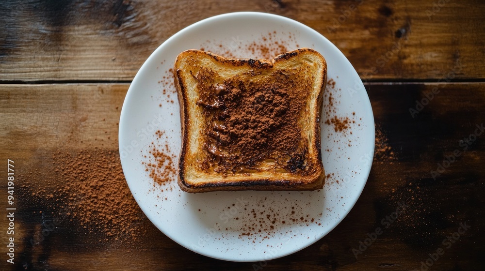 Toast stuffed with chocolate and placed on a white plate on a wooden table. Toast stuffed with chocolate and placed on a white plate on a wooden table.