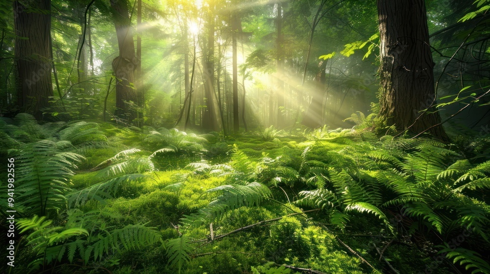 Obraz premium Sunbeams through Forest Canopy