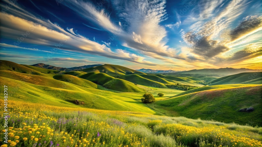 Fototapeta premium Vibrant green rolling hills stretch towards the horizon, dotted with wildflowers and wispy clouds, under a serene blue sky with warm golden light.