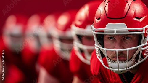 A football team's defensive line ready to charge at the snap, captured in an intense, low-angle shot, defensive stance, powerful and imposing