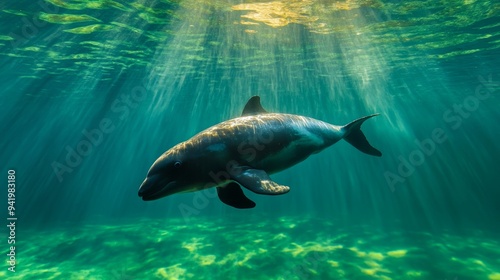 Vaquita Porpoise in Action, Delicate Search for Food in Serene Lagoon, Urgent Conservation Call, Ideal for Environmental Studies