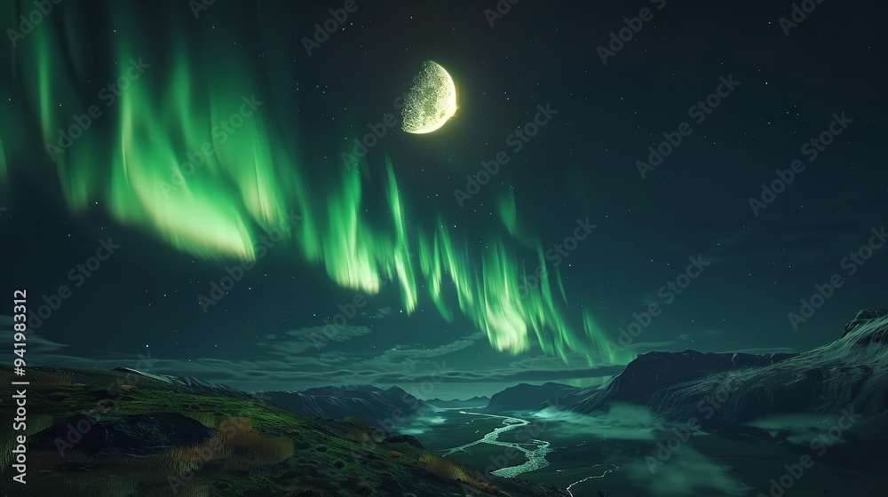 Naklejka premium Aurora Borealis Illuminating Norway's Mountains Landscape Background. Vibrant Green and Blue Northern Lights Over Starry Night Sky