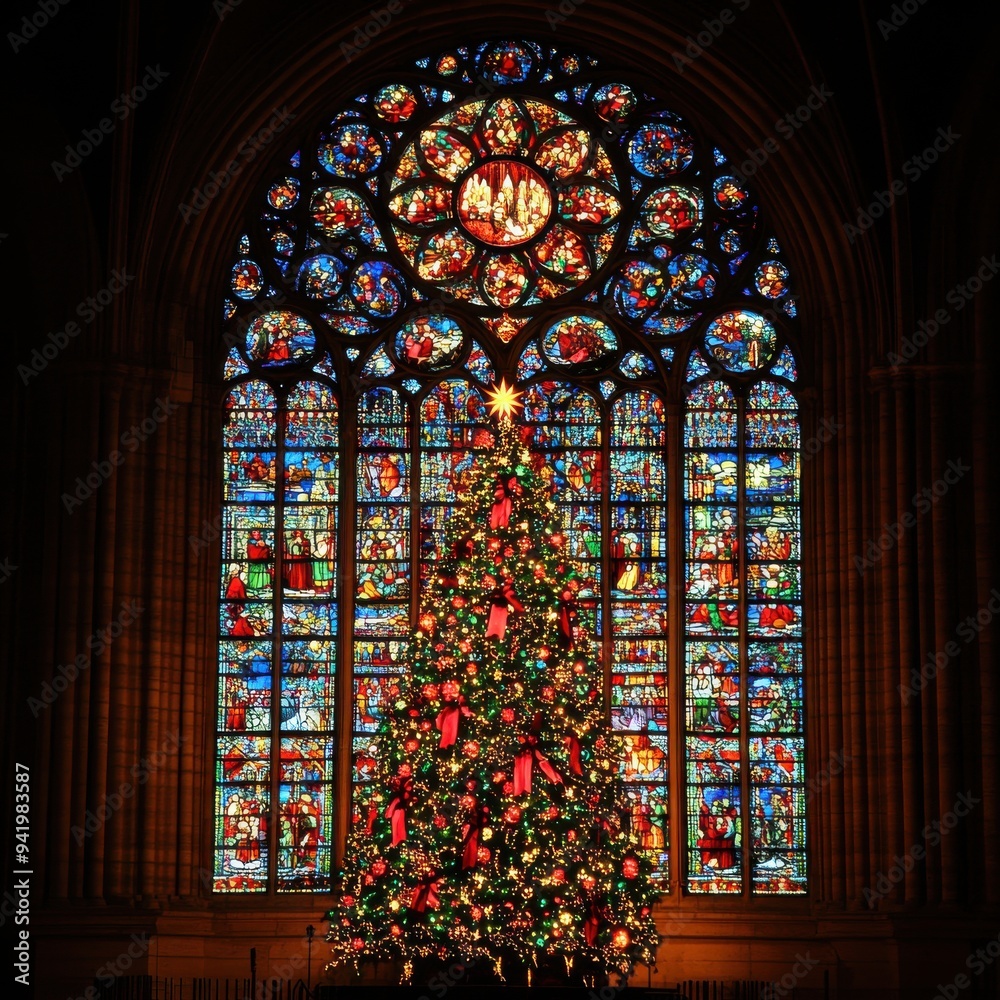 Stained Glass Window with Christmas Tree and Ornate Religious Scenes
Stained Glass Window with Christmas Tree and Ornate Religious Scenes