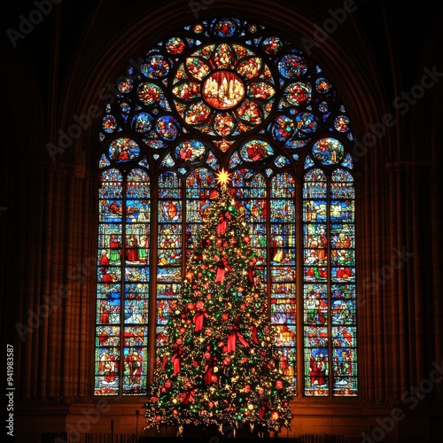 Stained Glass Window with Christmas Tree and Ornate Religious Scenes 