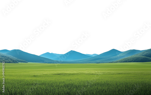 Vast empty summer spring landscape with mountain range in the distant horizon. Isolated transparent background PNG. Green meadows in the valley. 