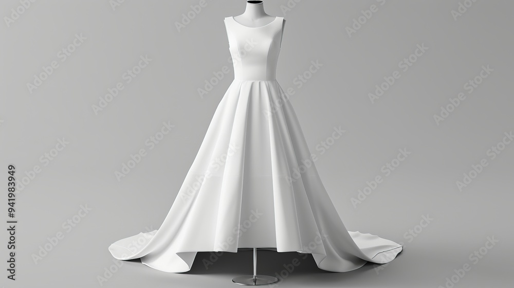 A white sleeveless gown with a classic silhouette is displayed on a mannequin against a gray background. The gown is fitted through the bodice and flows into a full skirt with a train. A white sleeveless gown with a classic silhouette is displayed on a mannequin against a gray background. The gown is fitted through the bodice and flows into a full skirt with a train.