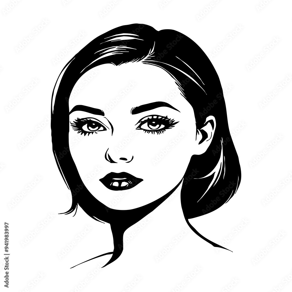 Fictional female character. Black and white line art. Logo design for use in graphics. T-shirt print, tattoo design. Fictional female character. Black and white line art. Logo design for use in graphics. T-shirt print, tattoo design.