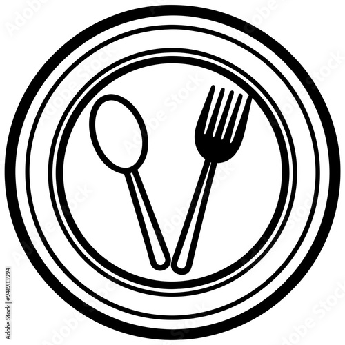 Outline Vector art of Plate with Fork Spoon Symbol