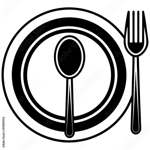 Outline Vector art of Plate with Fork Spoon Symbol