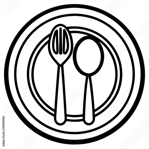 Outline Vector art of Plate with Fork Spoon Symbol