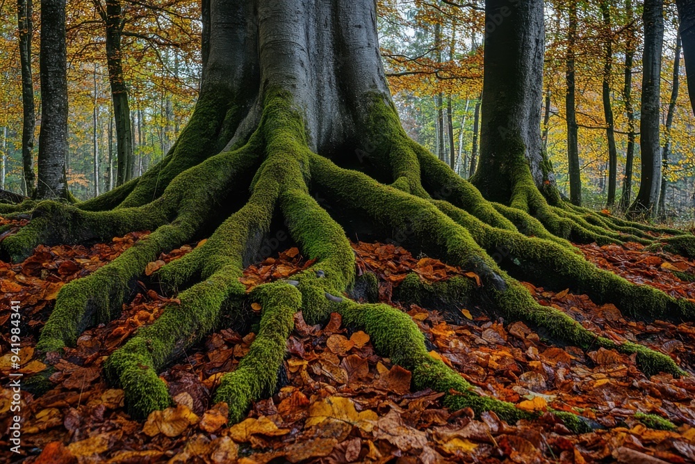Obraz premium Moss-Covered Tree Roots in an Autumn Forest with Fallen Leaves 