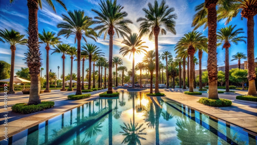 Fototapeta premium Vibrant palm trees sway against the bright blue sky, casting long shadows on the pavement of a luxurious resort's poolside oasis in Las Vegas.