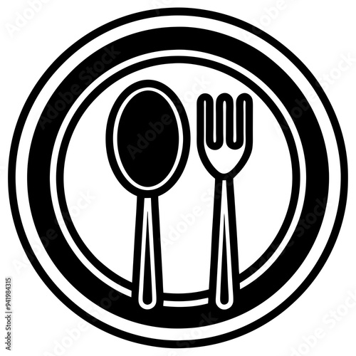 Outline Vector art of Plate with Fork Spoon Symbol