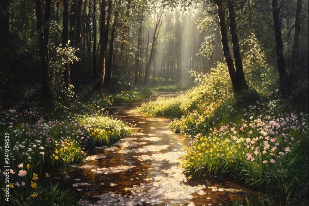 Fototapeta premium Sunlit Forest Stream with Wildflowers and Rays of Light Through Trees 