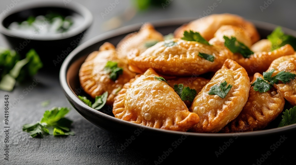 Golden brown empanadas highlighted with green garnish are attractively presented on a black table, enhancing their visual appeal and inviting taste. Golden brown empanadas highlighted with green garnish are attractively presented on a black table, enhancing their visual appeal and inviting taste.