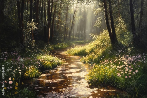 Sunlit Forest Stream with Wildflowers and Rays of Light Through Trees 