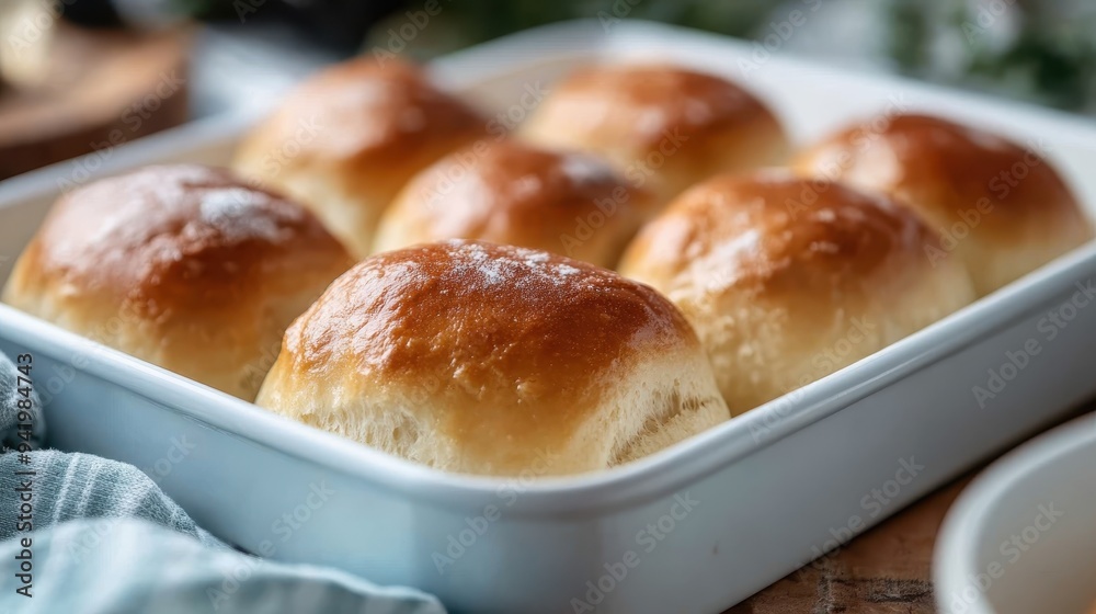 A white baking dish holding six freshly baked bread rolls, with a golden-brown top, set on a table, evoking a sense of warmth and home-baked goodness.