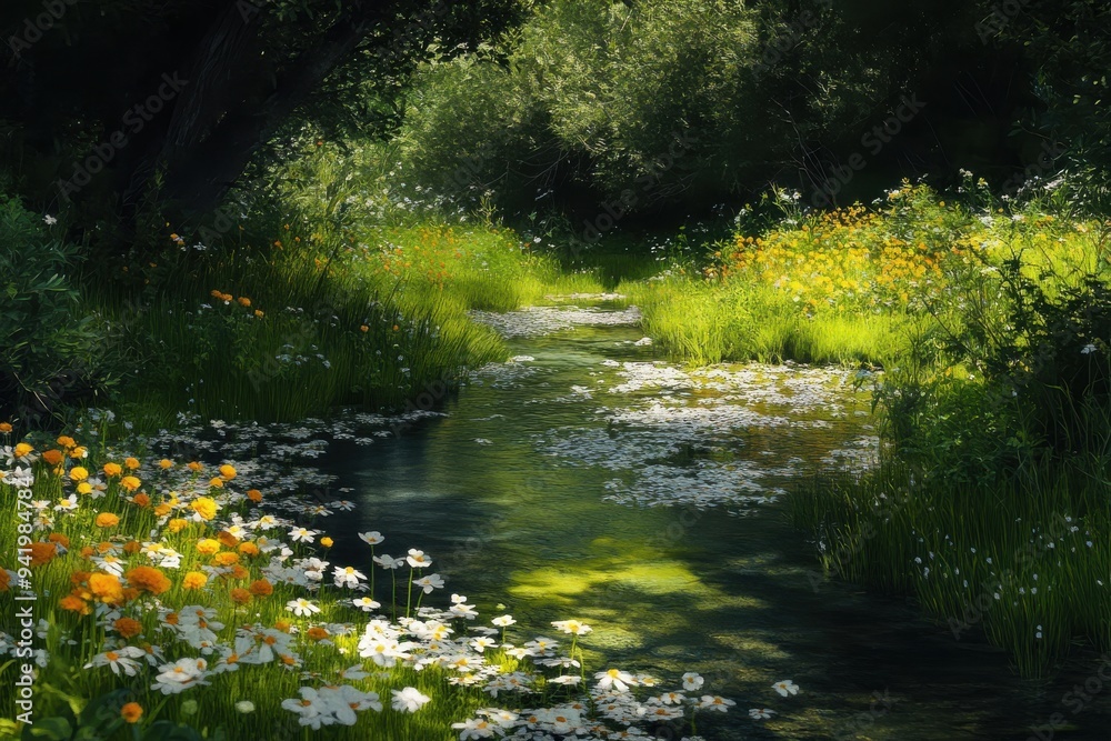 Tranquil Forest Stream Surrounded by Lush Greenery and Wildflowers
Tranquil Forest Stream Surrounded by Lush Greenery and Wildflowers
