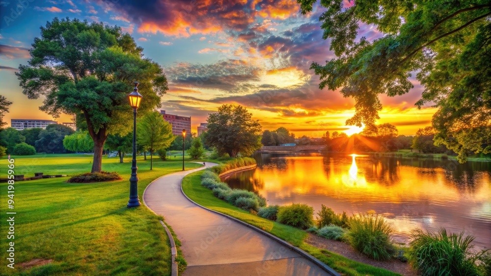 Obraz premium Vibrant sunset casts a warm glow on the serene walking trails, lush greenery, and tranquil lake of a picturesque urban park in Newark, New Jersey.