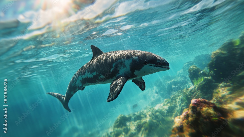 Vaquita: Critically Endangered Marine Mammal in Clear Coastal Waters, Rare Porpoise Exploring Rugged Underwater Terrain, Threatened Species Seeking Food Vaquita: Critically Endangered Marine Mammal in Clear Coastal Waters, Rare Porpoise Exploring Rugged Underwater Terrain, Threatened Species Seeking Food