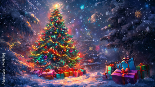 Whimsical Christmas Tree in Fantasy Winter Wonderland