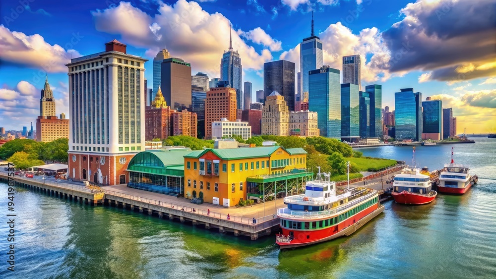 Fototapeta premium Vibrant waterfront scene in Staten Island, New York City, featuring colorful buildings, bustling streets, and majestic ferries docked along the harbor's edge.