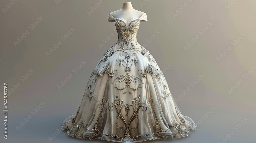 A white off-the-shoulder ballgown with intricate embroidery and embellishments.