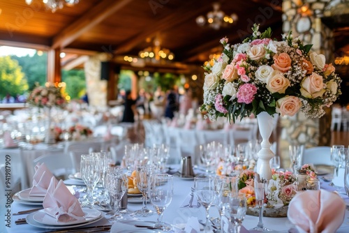 An elegant, indoor wedding venue with beautifully set tables adorned with floral centerpieces, fine glassware, and ambient lighting, ready for guests to celebrate the occasion.