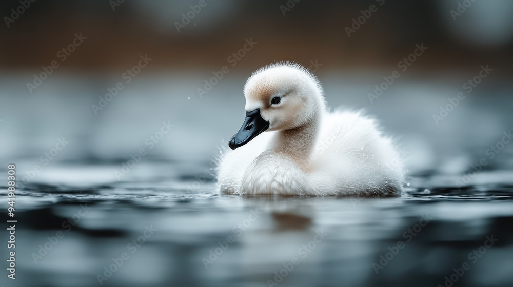 Close-up image of an adorable, fluffy duckling swimming peacefully on calm lake water, evoking a sense of tranquility and the beauty of nature. Close-up image of an adorable, fluffy duckling swimming peacefully on calm lake water, evoking a sense of tranquility and the beauty of nature.