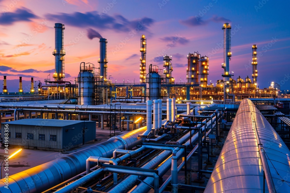 A night view of an oil refinery with glowing lights, smoke stacks, and industrial structures against a twilight sky A night view of an oil refinery with glowing lights, smoke stacks, and industrial structures against a twilight sky