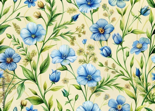 Vintage Botanical Rhapsody: Delicate blue flowers and verdant flax leaves intertwine, creating a timeless floral pattern.