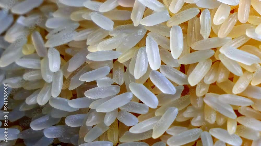 A close-up of white rice grains, some translucent, with a slight yellow tint and a few dark specks. A macro video of uncooked rice, showing the individual grains in detail, background. A close-up of white rice grains, some translucent, with a slight yellow tint and a few dark specks. A macro video of uncooked rice, showing the individual grains in detail, background.