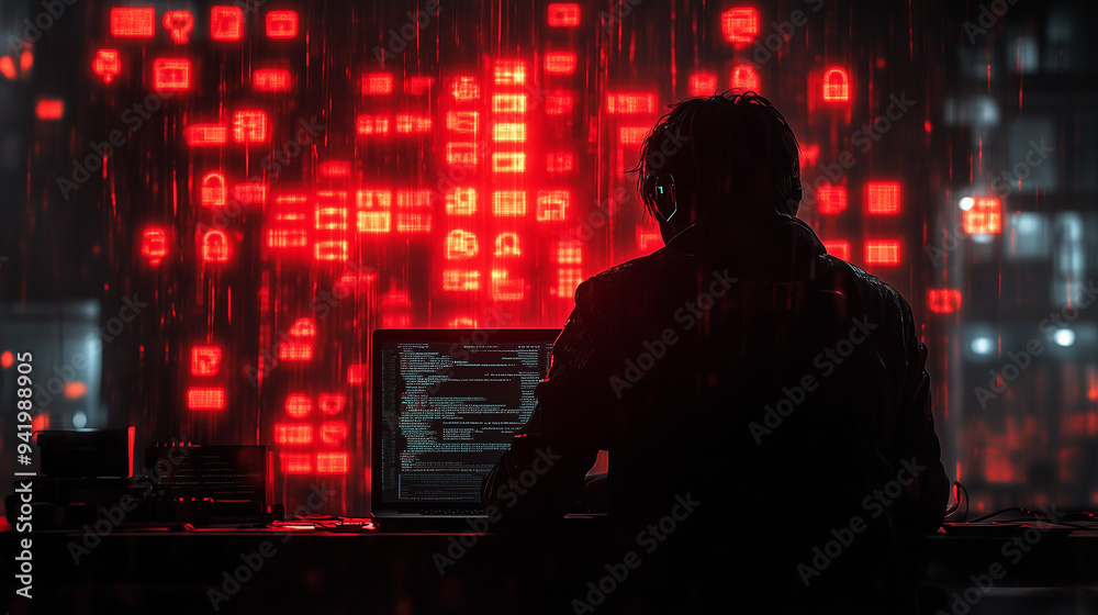 A hacker’s silhouette typing on a laptop with red warning symbols on the screen. A hacker’s silhouette typing on a laptop with red warning symbols on the screen.