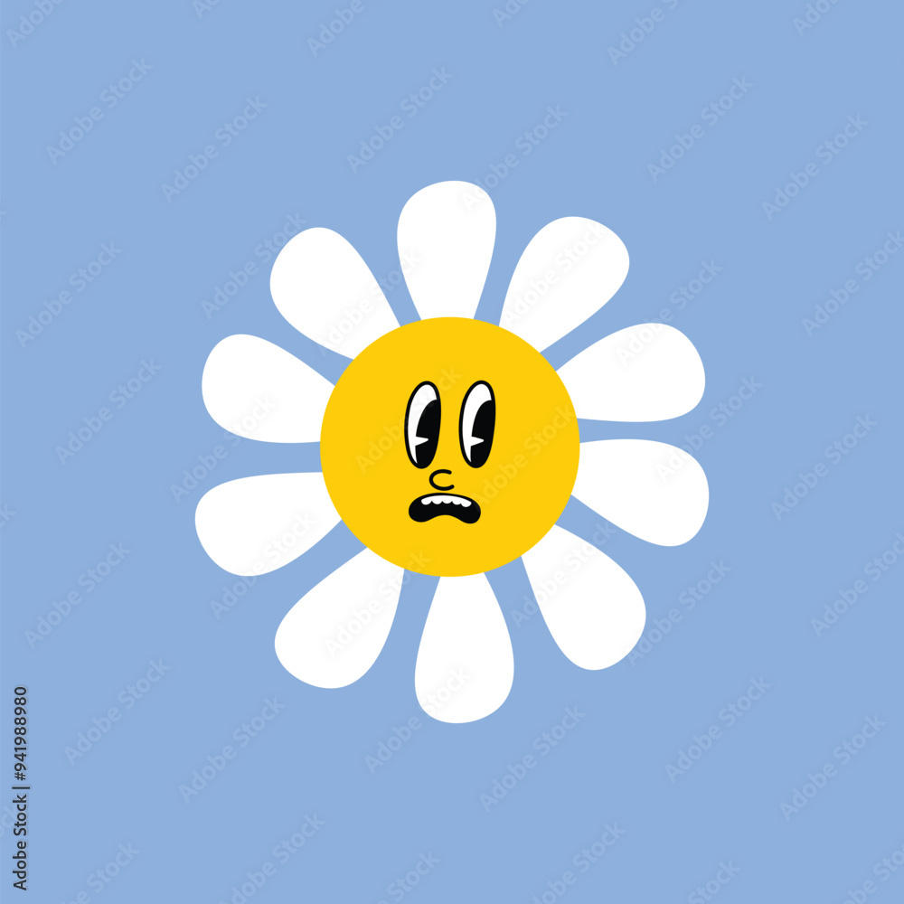 Daisy flower with cartoon funny smiling face, chamomile character. Cute camomile happy emotion. Kids logo design with daisies. Illustration of smile floral flower, bloom camomile Daisy flower with cartoon funny smiling face, chamomile character. Cute camomile happy emotion. Kids logo design with daisies. Illustration of smile floral flower, bloom camomile