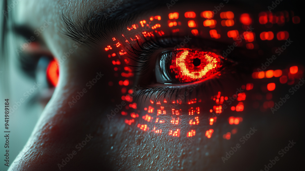 Naklejka premium A hacker’s mask with red eyes glowing, symbolizing a system hack.