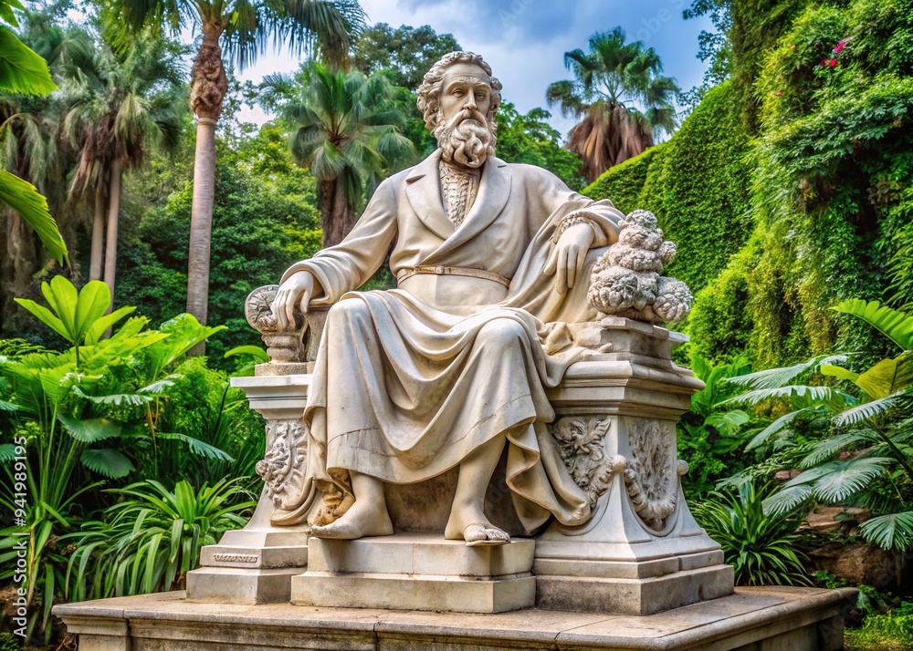 Majestic marble monument of a seated statesman with a wise and introspective expression, surrounded by intricate stone carvings and lush greenery in a serene atmosphere. Majestic marble monument of a seated statesman with a wise and introspective expression, surrounded by intricate stone carvings and lush greenery in a serene atmosphere.