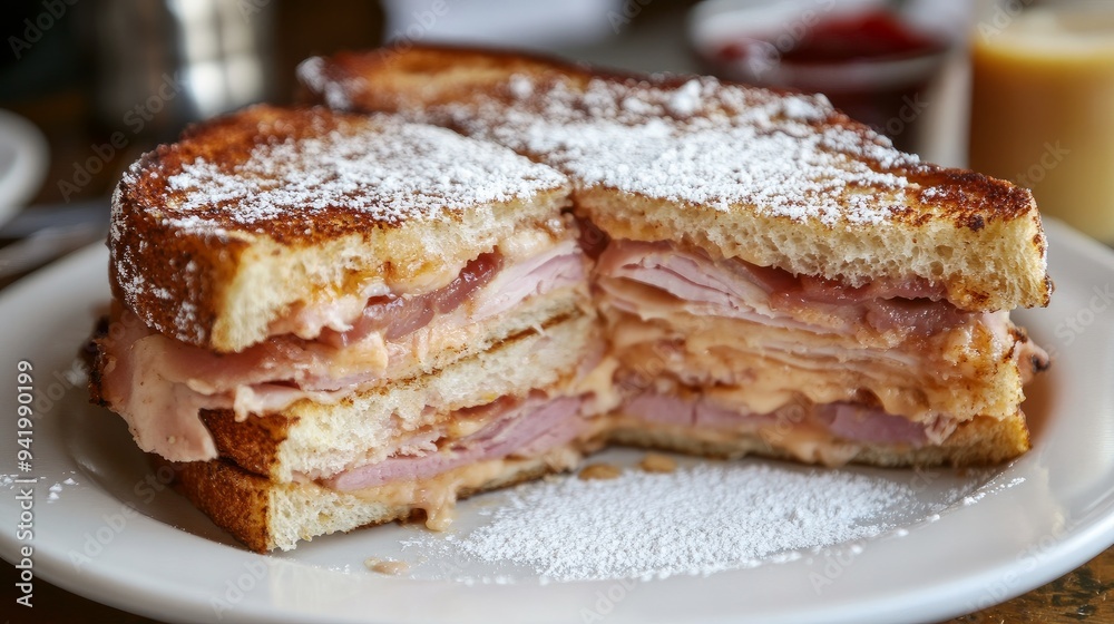 The Monte Cristo sandwich consists of fried ham, turkey, and Swiss cheese, frequently topped with jam and powdered sugar. A delightful combination of sweet and savory The Monte Cristo sandwich consists of fried ham, turkey, and Swiss cheese, frequently topped with jam and powdered sugar. A delightful combination of sweet and savory
