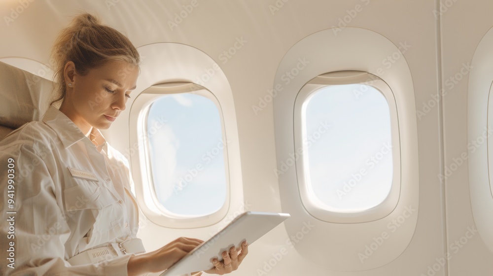Female Young Caucasian Flight Attendant Using Tablet for Passenger ...