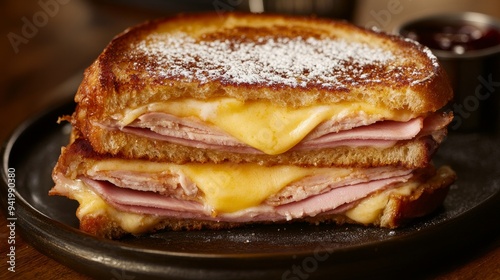 The Monte Cristo sandwich consists of fried ham, turkey, and Swiss cheese, frequently topped with jam and powdered sugar. A delightful combination of sweet and savory