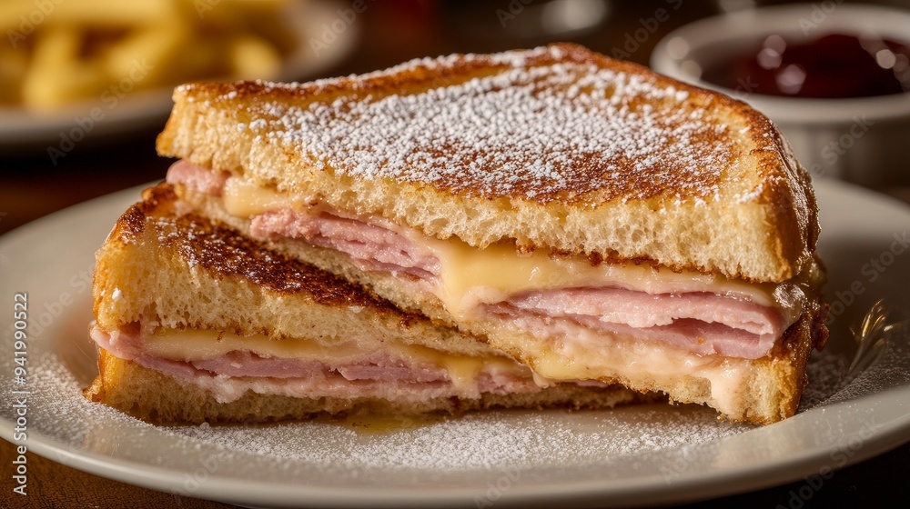 The Monte Cristo sandwich consists of fried ham, turkey, and Swiss cheese, frequently topped with jam and powdered sugar. A delightful combination of sweet and savory The Monte Cristo sandwich consists of fried ham, turkey, and Swiss cheese, frequently topped with jam and powdered sugar. A delightful combination of sweet and savory