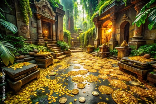 Majestic golden treasures scattered across the ancient temple's stone floor, surrounded by mysterious artifacts and lush greenery, evoking the fabled mystical city of untold riches. photo