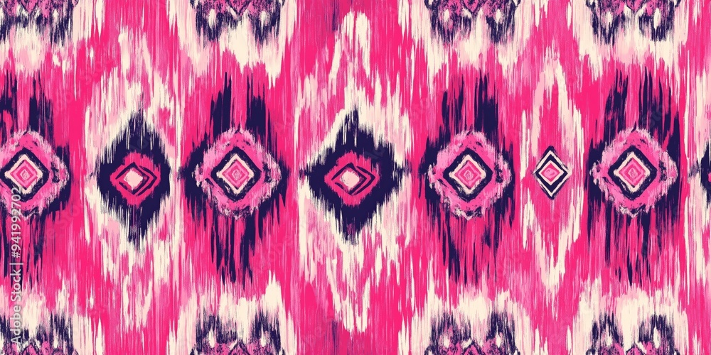 A pink and blue patterned fabric with a diamond design. The design is very bold and colorful A pink and blue patterned fabric with a diamond design. The design is very bold and colorful