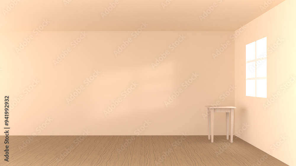 Fototapeta premium Modern contemporary loft empty room with beige tones wall. The Room has wooden floor, small table, window. 3d Rendering