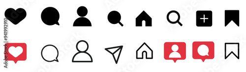 social network interface icons, search, comments, share, home page, followers and likes.