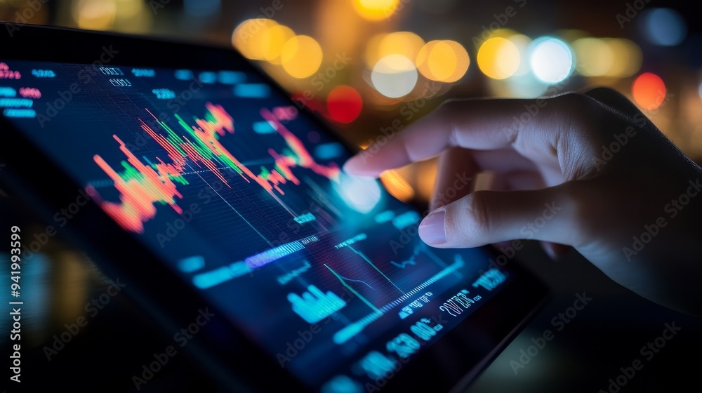 Concept of finance and investment: touchscreen graph of the stock market or forex trading. Business economic trends, financial charts, and figures. Concept of finance and investment: touchscreen graph of the stock market or forex trading. Business economic trends, financial charts, and figures.