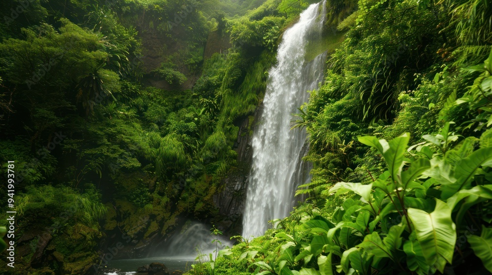 Waterfall in Lush Green Jungle