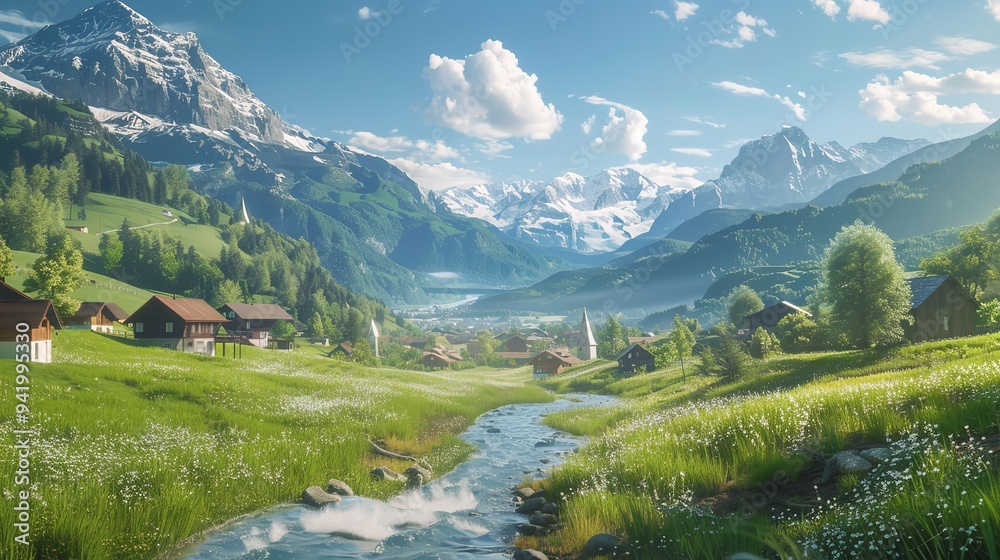 A peaceful green meadow with a winding river flowing through it, surrounded by towering trees and distant mountains A peaceful green meadow with a winding river flowing through it, surrounded by towering trees and distant mountains