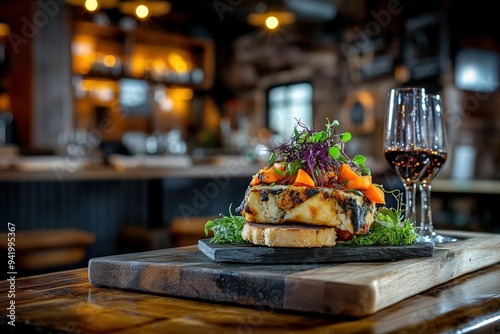 An upscale rustic steak elegantly presented with colorful garnishes, served with red wine in a cozy ambiance, combining gourmet dining with a comforting rustic touch.